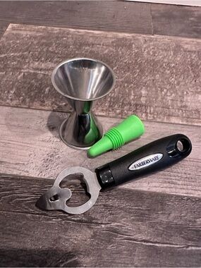 Farberware Black Handle Bottle Opener with Silver Jigger and Green Wine Stopper